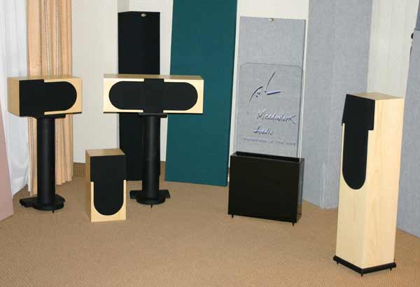 Meadowlark Audio's new E Series - Floorstander, bookshelf and Cinema Center channel with matching sand filled stands.