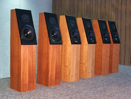Kestrel Loudspeakers by Meadowlark Audio in Figured Makore, Figured Anigre and Lacewood (left to right)