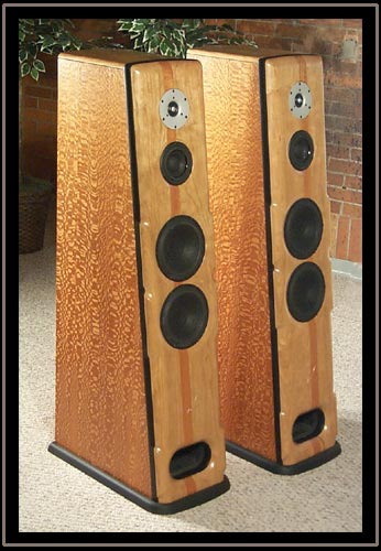 Meadowlark Audio Blue Heron 2's.  Lacewood with Pennsylvania Cherry baffle and Mahogany Stringer