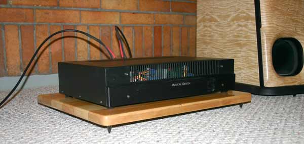 Meadowlark Audio mixed species Hardwood  Amplifier Stand sitting next to a Nighthawk in Curly Maple